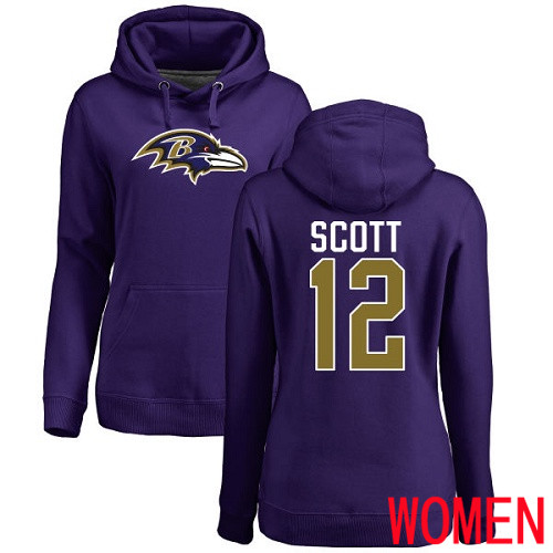 Baltimore Ravens Purple Women Jaleel Scott Name and Number Logo NFL Football #12 Pullover Hoodie Sweatshirt